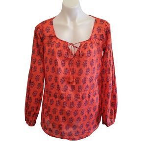 Tory Burch Evelina 100% Cotton Red Orange Peasant Blouse Bohemian Floral Size 4
